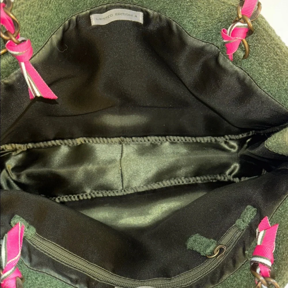 GOLDIE BRAND OLIVE/MOSS GREEN WOOL BAG PINK RIBBON THROUGHOUT BRASS HANDLE